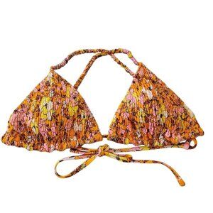 Xhilaration Smocked Floral Triangle Bikini Top Orange Pink Yellow Size L